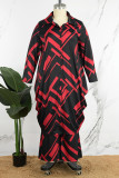 Red Casual Print Patchwork Buckle Turndown Collar Plus Size Two Pieces
