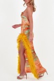 Orange Sexy Print Patchwork Backless Slit Spaghetti Strap Long Dress Dresses