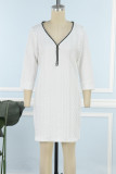 Cream White Casual Solid Patchwork Zipper Collar Long Sleeve Dresses
