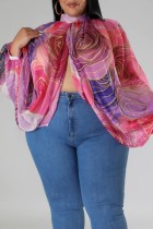 Purple Sexy Casual Print See-through Slit Turtleneck Plus Size Tops