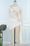 White Sexy Solid Hollowed Out O Neck Long Sleeve Two Pieces