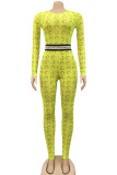 Blue Fashion Sexy Print Long Sleeve O Neck Jumpsuits