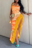 Orange Sexy Print Patchwork Backless Slit Spaghetti Strap Long Dress Dresses