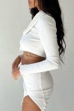 White Casual Solid Patchwork Slit V Neck Long Sleeve Two Pieces