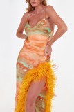 Orange Sexy Print Patchwork Backless Slit Spaghetti Strap Long Dress Dresses