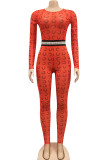 Blue Fashion Sexy Print Long Sleeve O Neck Jumpsuits