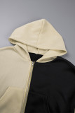 Khaki Casual Patchwork Draw String Pocket Contrast Zipper Hooded Collar Long Sleeve Two Pieces