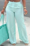 Blue Casual Striped Print Patchwork Regular High Waist Conventional Full Print Trousers