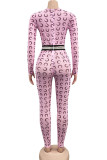 Blue Fashion Sexy Print Long Sleeve O Neck Jumpsuits