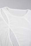 White Sexy Solid Hollowed Out O Neck Long Sleeve Two Pieces