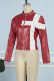 Red Casual Patchwork Cardigan Contrast Outerwear
