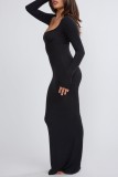 Black Casual Solid Basic Square Collar Long Dress Dresses
