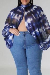 Blue Sexy Casual Print See-through Slit Turtleneck Plus Size Tops
