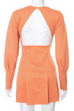 Tangerine Red Street Solid Patchwork Backless O Neck A Line Dresses