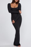 Black Casual Solid Basic Square Collar Long Dress Dresses