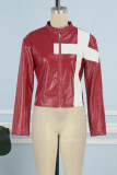Red Casual Patchwork Cardigan Contrast Outerwear