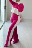 Rose Red Casual Patchwork Contrast O Neck Long Sleeve Two Pieces
