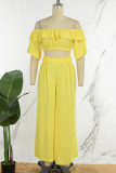 Yellow Casual Solid Backless Off the Shoulder Half Sleeve Two Pieces