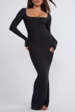 Black Casual Solid Basic Square Collar Long Dress Dresses