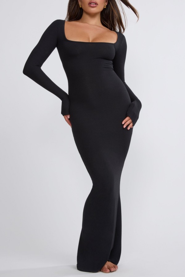 Black Casual Solid Basic Square Collar Long Dress Dresses