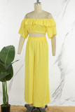 Yellow Casual Solid Backless Off the Shoulder Half Sleeve Two Pieces