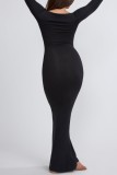 Black Casual Solid Basic Square Collar Long Dress Dresses