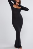 Black Casual Solid Basic Square Collar Long Dress Dresses