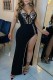 Black Sexy Patchwork Hot Drilling See-through Backless Slit Spaghetti Strap Long Dress Dresses