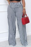 Blue Casual Striped Print Patchwork Regular High Waist Conventional Full Print Trousers