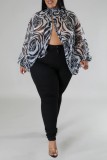Black And White Sexy Casual Print See-through Slit Turtleneck Plus Size Tops
