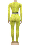 Blue Fashion Sexy Print Long Sleeve O Neck Jumpsuits