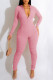Pink Casual Solid Fold Zipper Collar Skinny Jumpsuits
