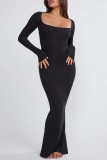 Black Casual Solid Basic Square Collar Long Dress Dresses