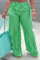 Green Casual Striped Print Patchwork Regular High Waist Conventional Full Print Trousers