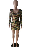 Green Sexy Cap Sleeve Long Sleeves V Neck Step Skirt skirt chain camouflage