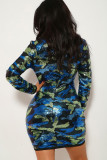 Blue Sexy Cap Sleeve Long Sleeves V Neck Step Skirt skirt chain camouflage