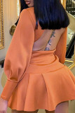 Tangerine Red Street Solid Patchwork Backless O Neck A Line Dresses