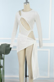 White Sexy Solid Hollowed Out O Neck Long Sleeve Two Pieces