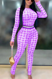 Blue Fashion Sexy Print Long Sleeve O Neck Jumpsuits