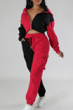 Red Casual Patchwork Draw String Pocket Contrast Zipper Hooded Collar Long Sleeve Two Pieces