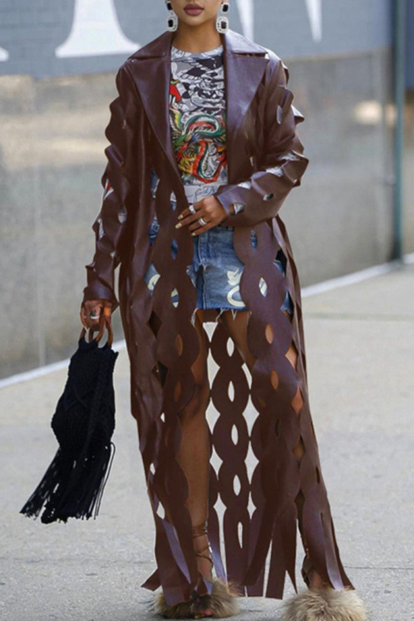 Coffee Street Solid Hollowed Out Patchwork Turn-back Collar Outerwear