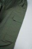 Khaki Street Solid Patchwork Draw String Pocket Straight Low Waist Straight Solid Color Bottoms
