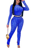 Blue Fashion Sexy Print Long Sleeve O Neck Jumpsuits