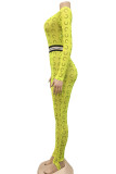 Blue Fashion Sexy Print Long Sleeve O Neck Jumpsuits