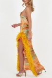 Orange Sexy Print Patchwork Backless Slit Spaghetti Strap Long Dress Dresses