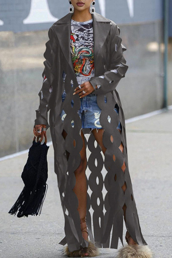 Grey Street Solid Hollowed Out Patchwork Turn-back Collar Outerwear