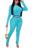 Blue Fashion Sexy Print Long Sleeve O Neck Jumpsuits