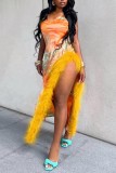 Orange Sexy Print Patchwork Backless Slit Spaghetti Strap Long Dress Dresses