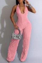Pink Sexy Casual Solid Backless Halter Skinny Jumpsuits