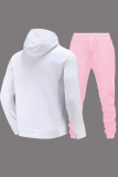 White Pink Casual Print Patchwork Draw String Pocket Hooded Collar Plus Size Two Pieces